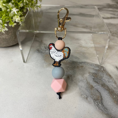 Keychain - Silicone Bead - Chicken - Pink