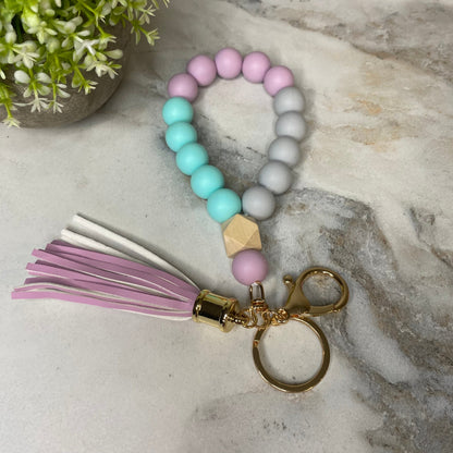 Silicone Bracelet Keychain with Wood Bead & Tassel - Lavender & Aqua