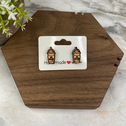 Wooden Stud Earrings - Frappe Coffee Beans
